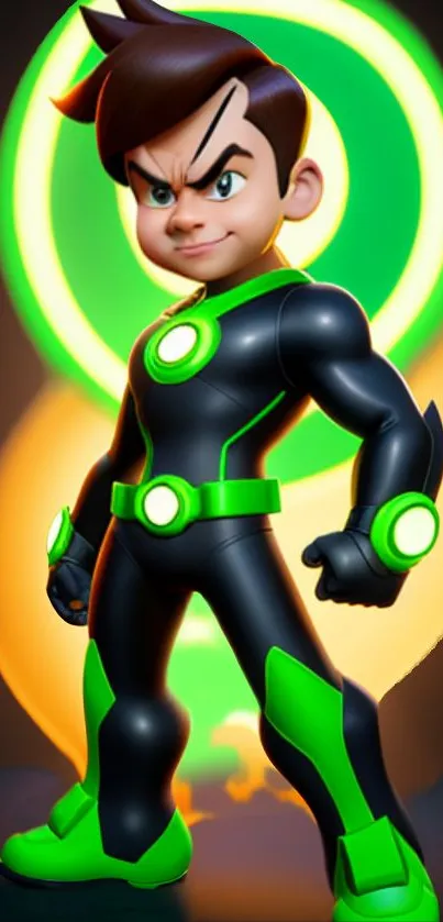 Cartoon character in neon green and black suit on vibrant background.