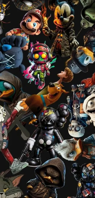 Vibrant collage of various cartoon characters on a black background.