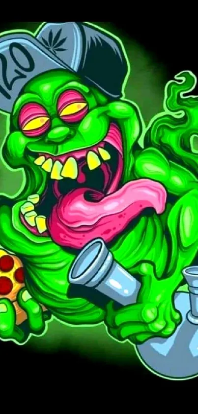 Cartoon character with neon green tone holding pizza and bong.