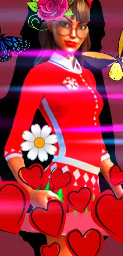 A vibrant cartoon character in red with butterflies and flowers.