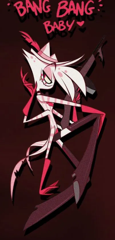 Dynamic cartoon character in red and white on dark background.