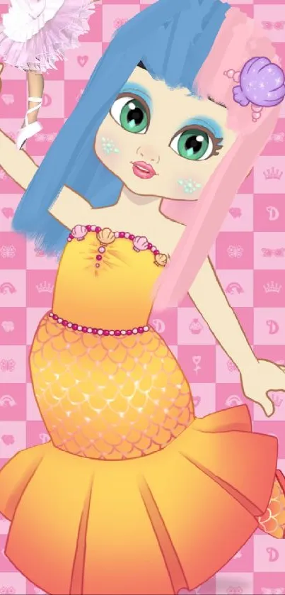 Cartoon character with pink hair and orange dress on a pink checkered background.