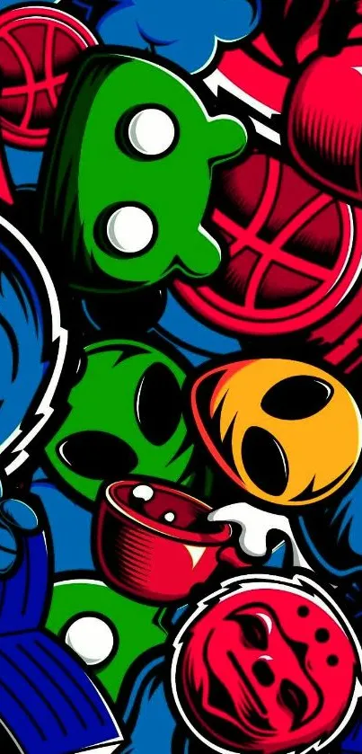 Colorful cartoon character wallpaper in vibrant red, blue, and green hues.