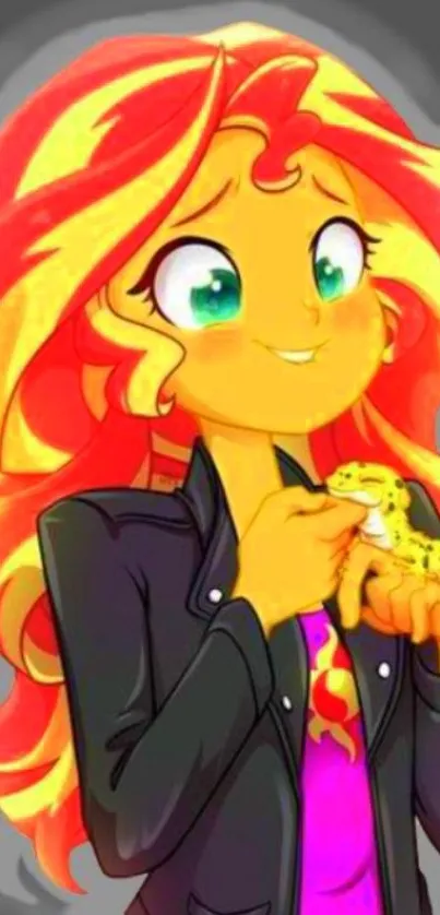 Cartoon character with fiery hair holding a small animal.