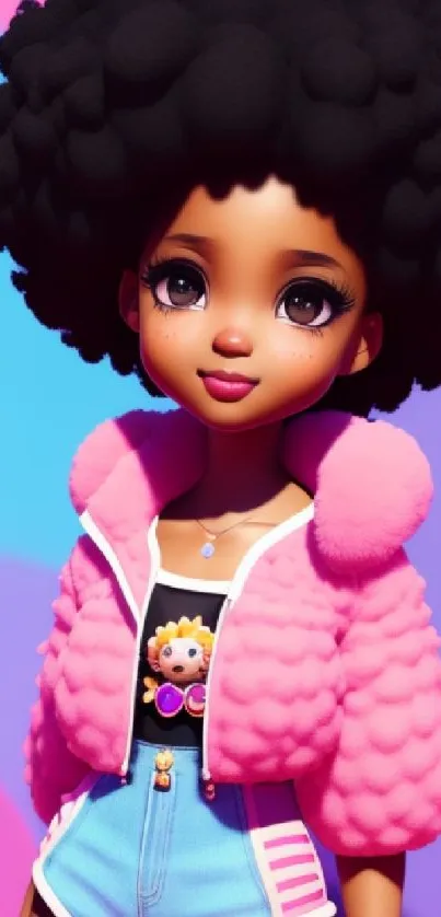 Colorful cartoon character with pink jacket.