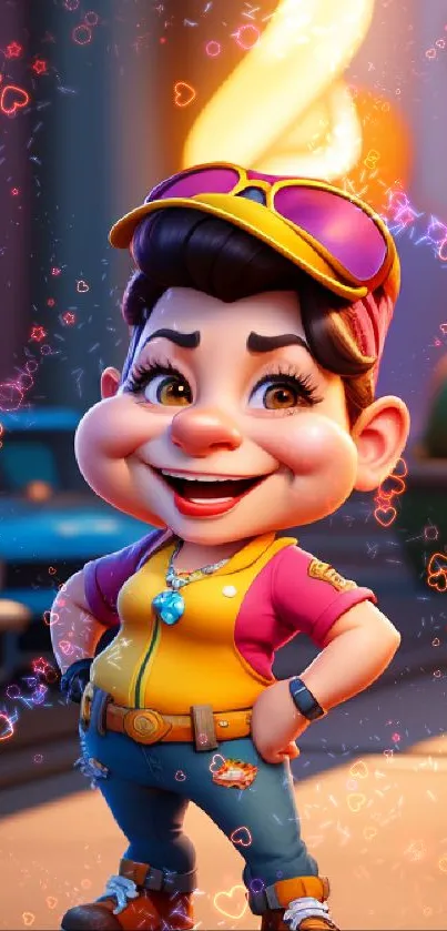 Vibrant cartoon character with bright colors in an urban setting.