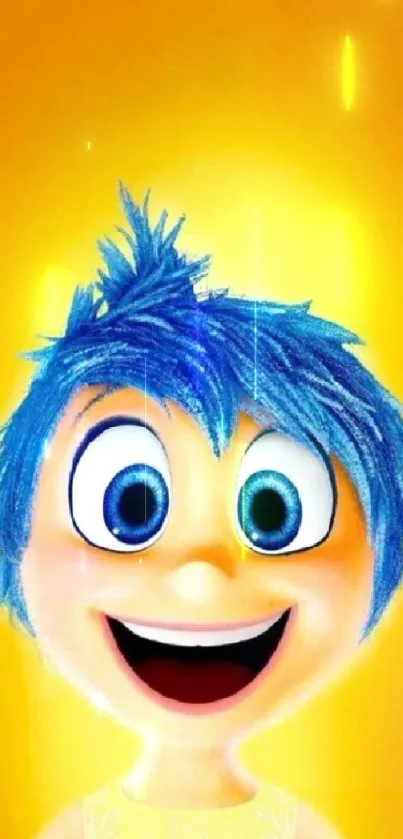 Bright cartoon character with blue hair on yellow background.