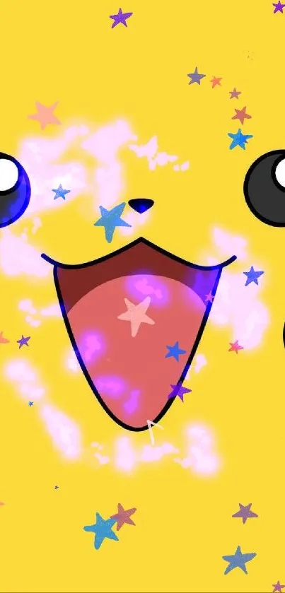 Bright cartoon character with stars on a yellow background.