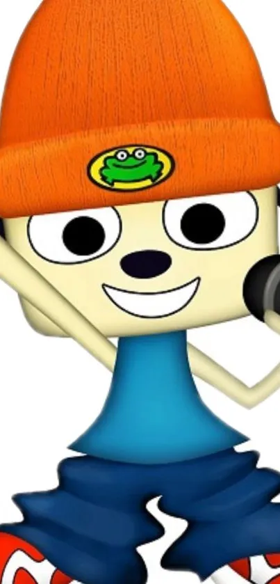 Vibrant cartoon character with orange hat holding a microphone.