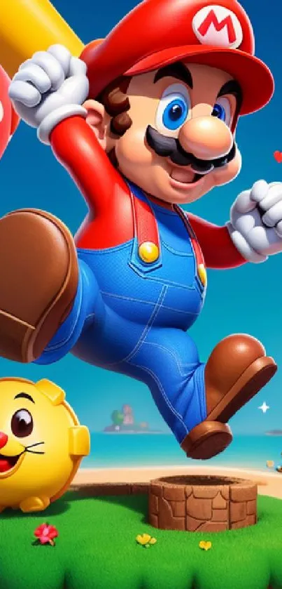 Cartoon character leaping on colorful mobile wallpaper with vibrant background.