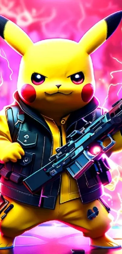 Cartoon character with electric, colorful background holding a futuristic weapon.