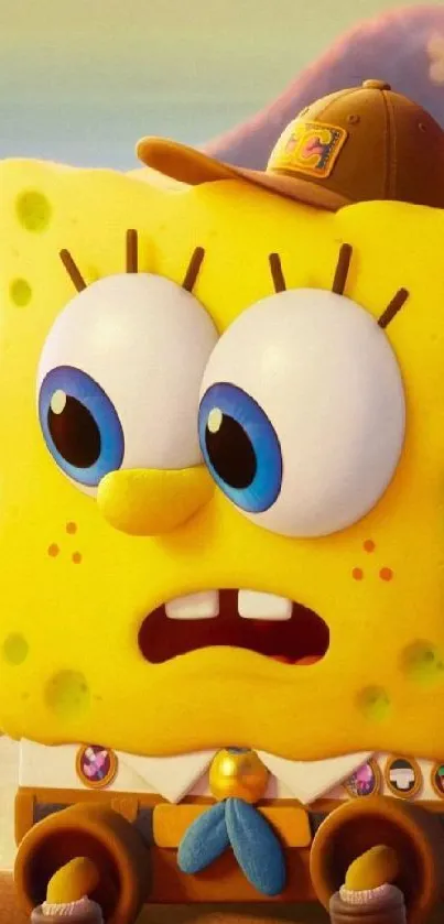 Cartoon character in a vibrant yellow setting, wearing a hat.