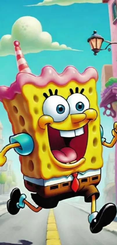 Vibrant cartoon character running down a colorful street.