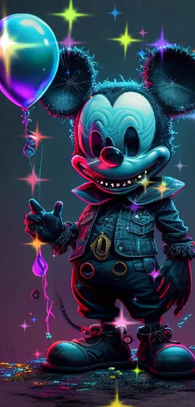 Vibrant cartoon character holding a balloon with a dark blue background.