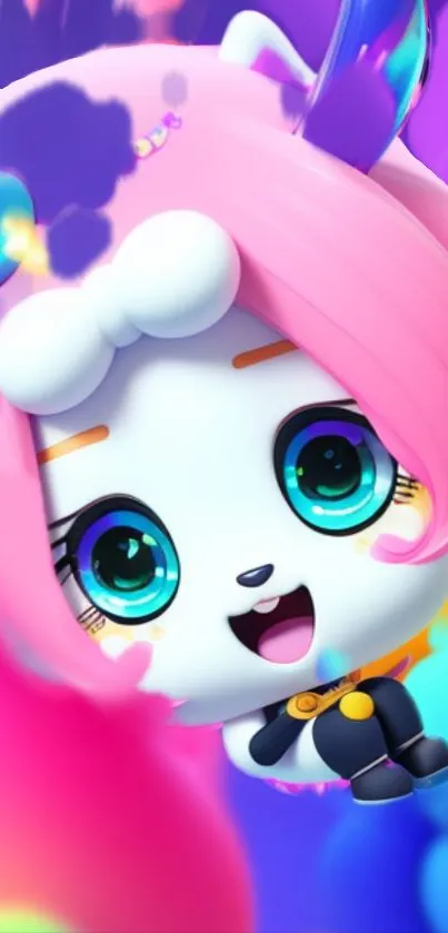 Vibrant cartoon character with pink hair and colorful background.