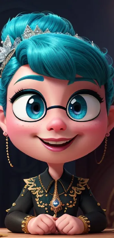 Cartoon girl with blue hair and glasses in whimsical style.