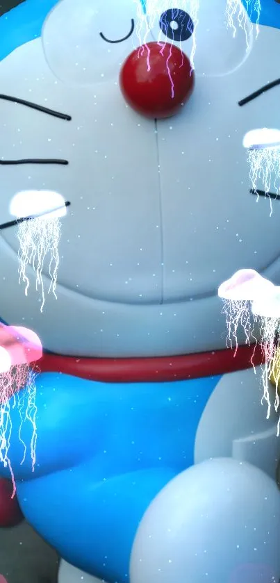 Cartoon character with colorful jellyfish clouds.
