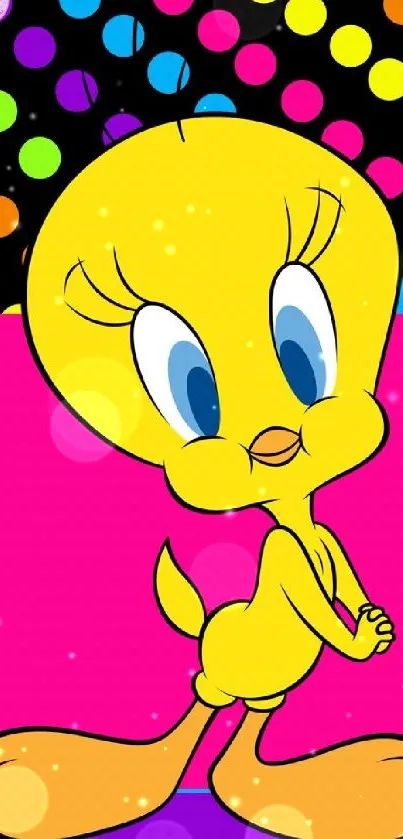 Vibrant cartoon character with colorful polka dots in pink and yellow.