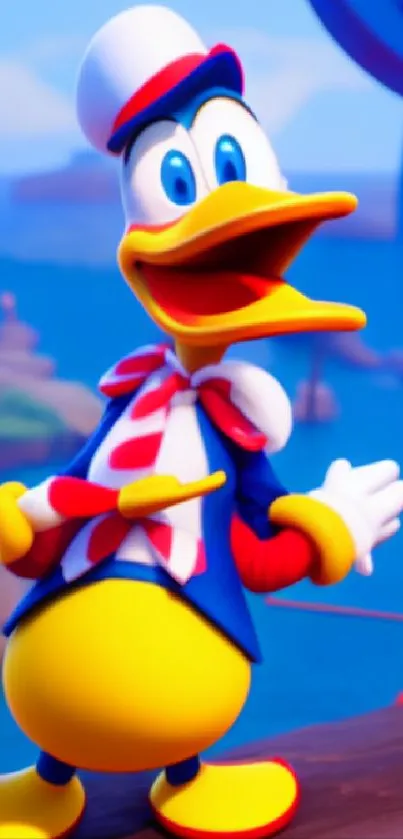 Lively cartoon duck with vibrant colors in a colorful setting.