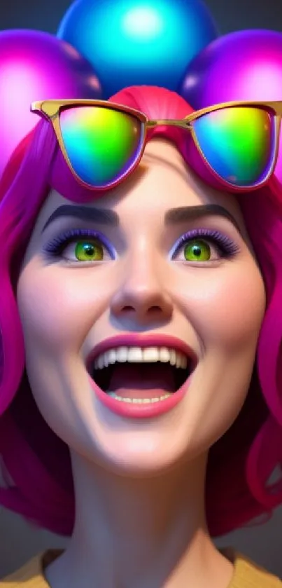 Vibrant cartoon character with pink hair and rainbow sunglasses.