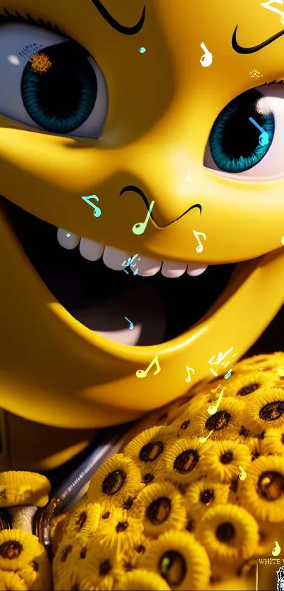 Vibrant cartoon character with a playful smile on a yellow background.