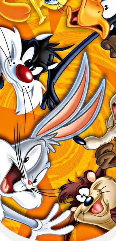 Bright cartoon characters on orange background wallpaper.