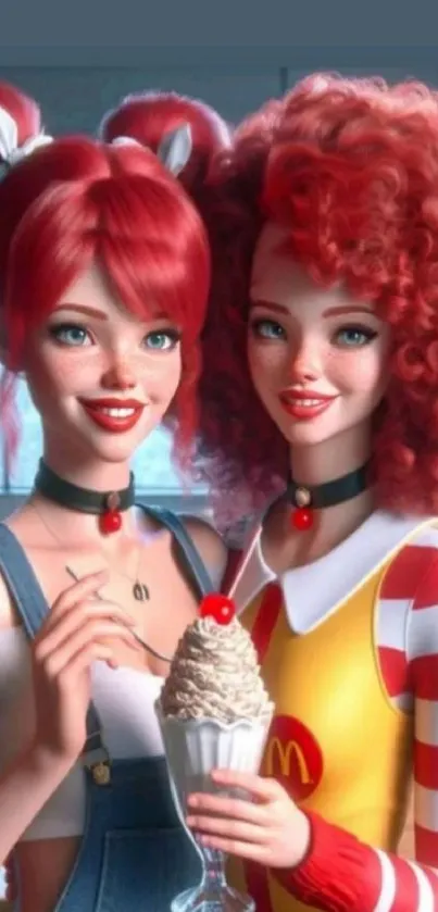 Two cartoon characters enjoy dessert.