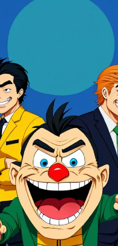 Three vibrant cartoon characters on a blue background wallpaper.