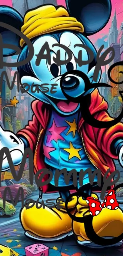 Colorful cartoon mouse in a city background.