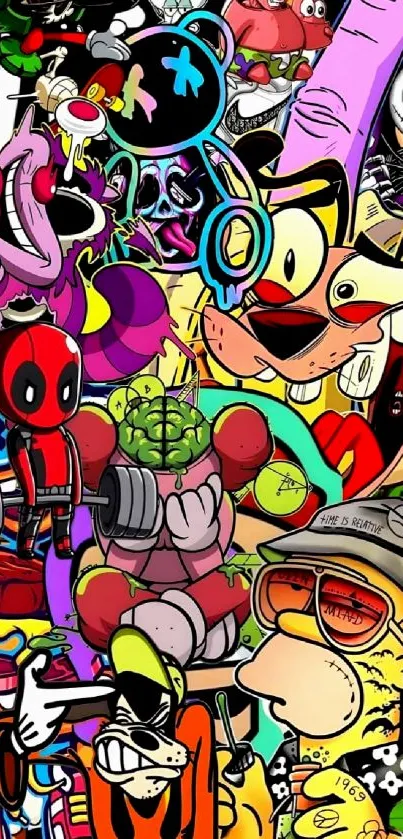Colorful collage wallpaper with cartoon characters.