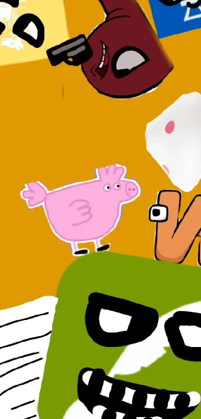 Vibrant cartoon collage wallpaper with animated characters on an orange background.