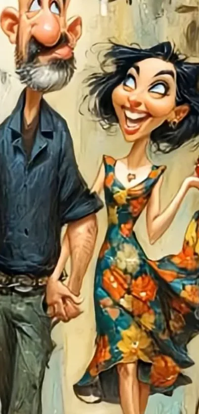 Cheerful cartoon couple walking together in an artistic, colorful design.