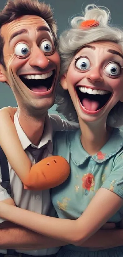 Vibrant cartoon couple with joyful expressions.