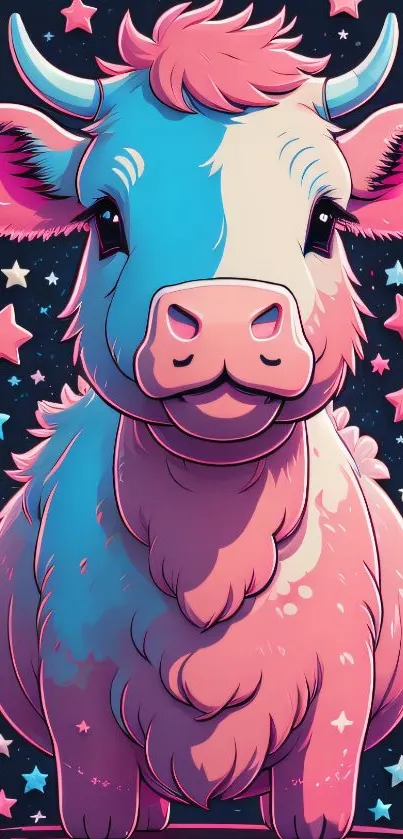 A pink and blue cartoon cow with stars on a mobile wallpaper background.