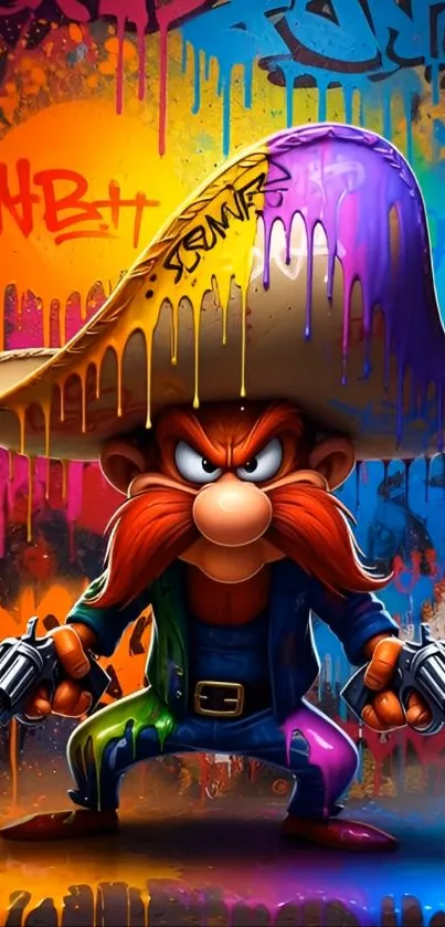 Vibrant cartoon cowboy with graffiti background.