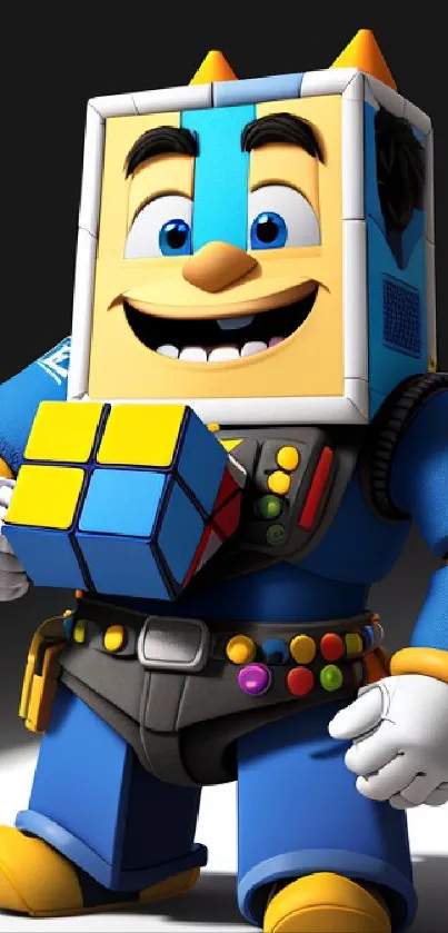 Cartoon character with Rubik's Cube in vibrant colors.