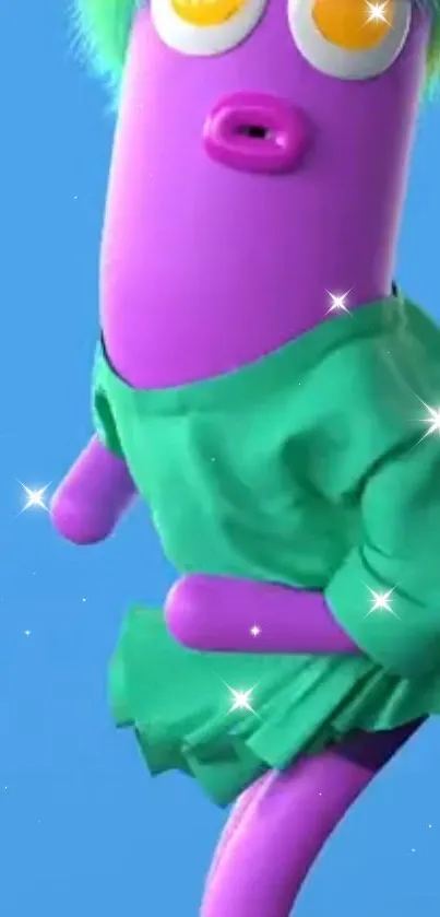 Purple cartoon character dancing on a sparkling blue background.