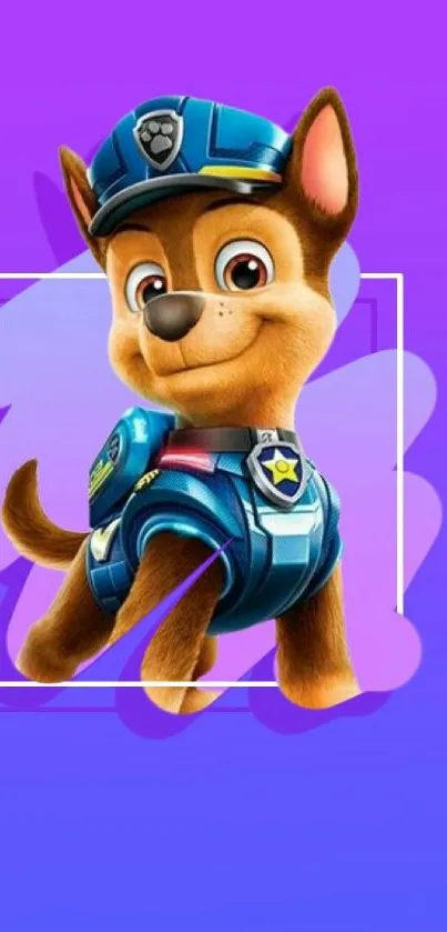 Cartoon dog in blue uniform on a vibrant purple background.