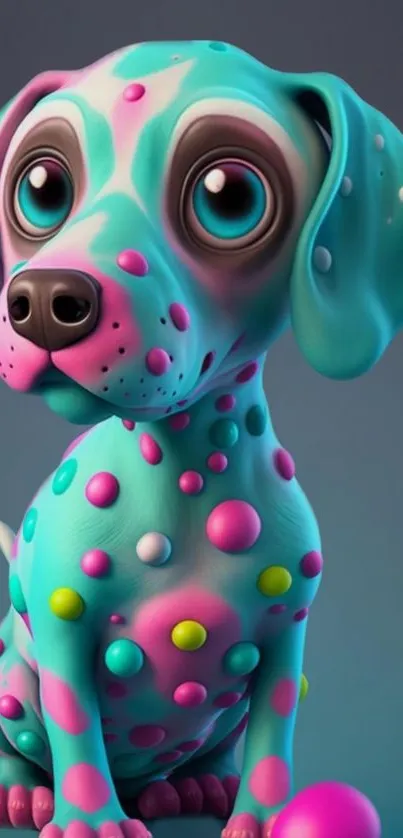 Vibrant cartoon dog with colorful spots and a playful expression.