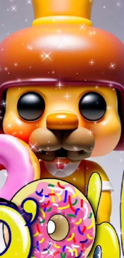 Colorful cartoon character with donut and stars.