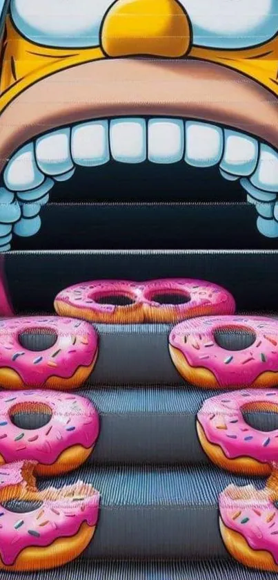 Cartoon stairs adorned with pink donuts in a vibrant animated style.