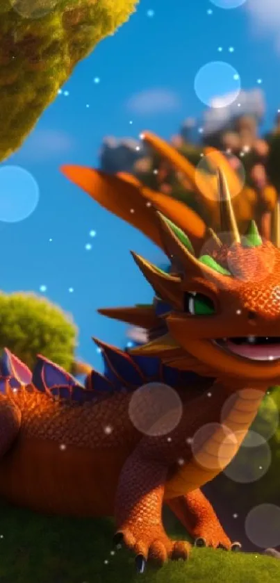 Colorful cartoon dragon on vibrant landscape.