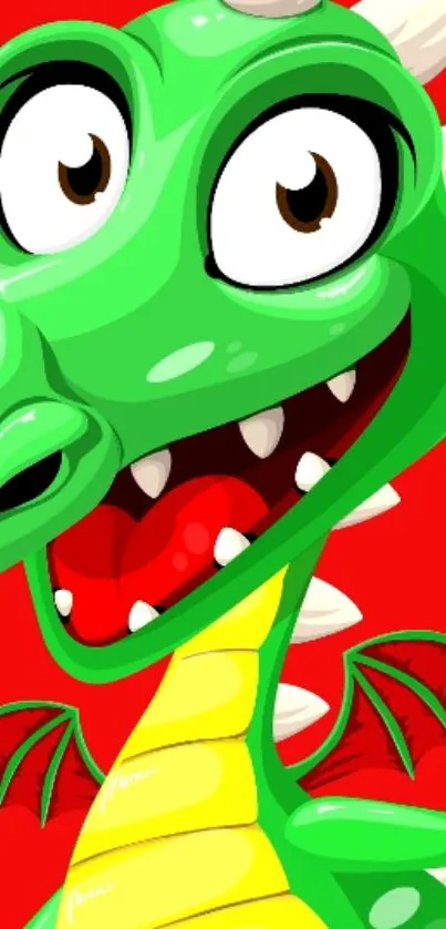 Green cartoon dragon on bright red background with playful expression.