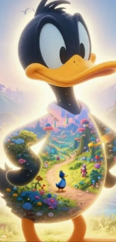 Cartoon duck with a colorful fantasy landscape on its body.
