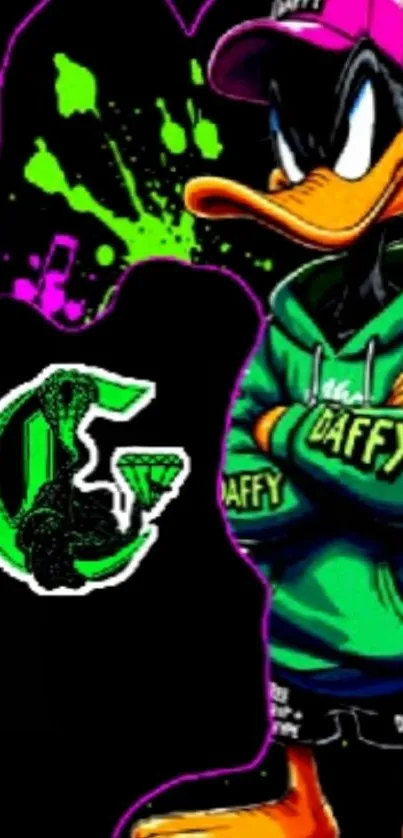 Colorful cartoon duck character on black background.