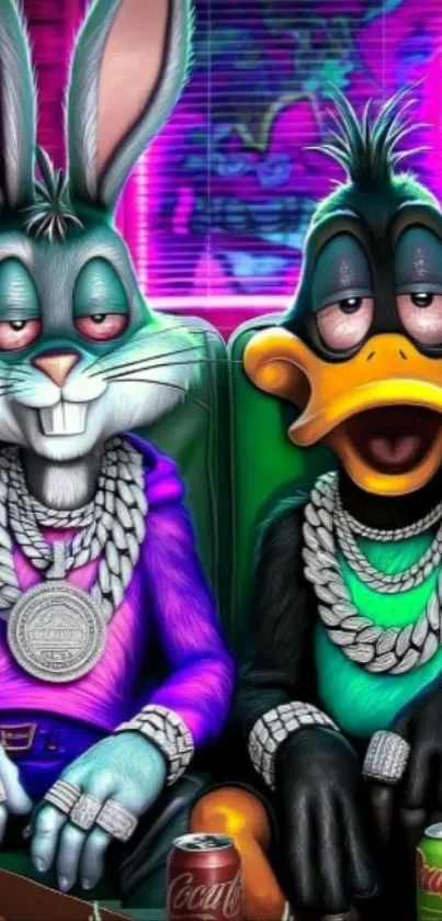 Cartoon bunny and duck with neon colors.
