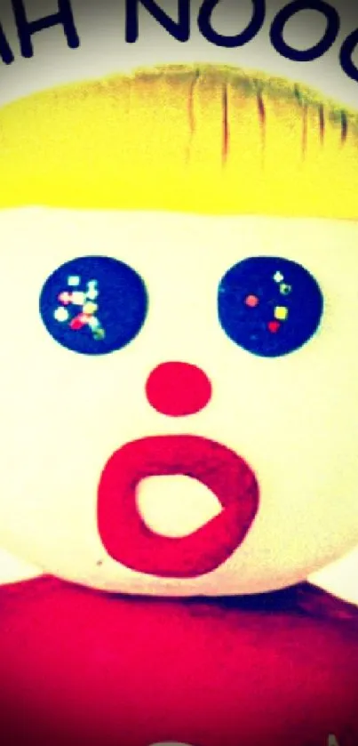 Cartoon face with wide eyes, red mouth.