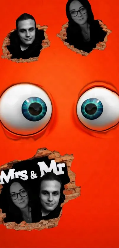 Cartoon eyes and photo cutouts on orange background.