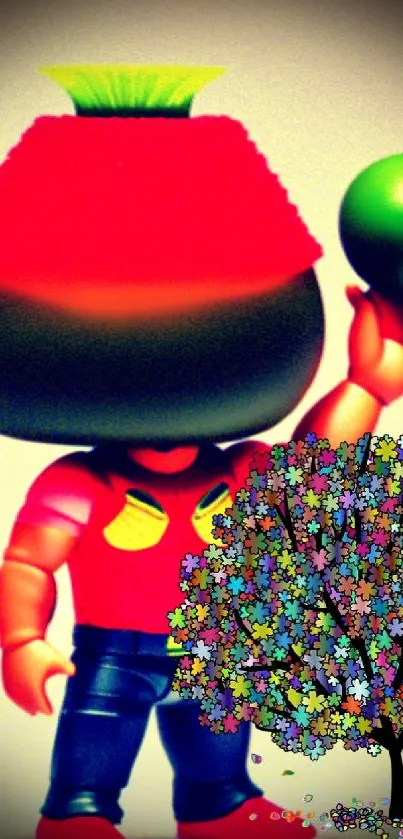 Vibrant cartoon figure holding a green ball near a colorful tree.