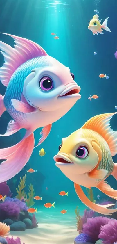 Colorful cartoon fish swimming in a vibrant coral reef.